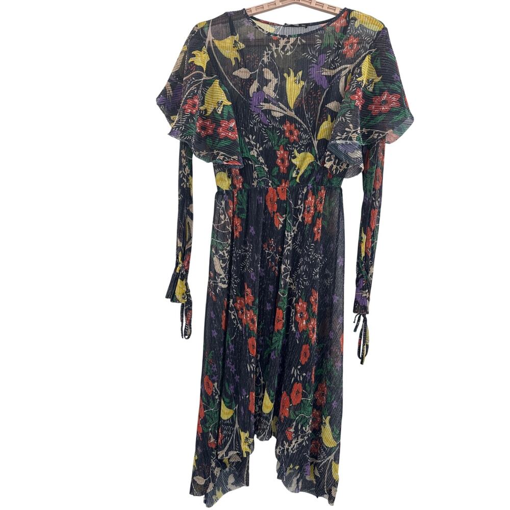 ZARA collection shiny pleated long sleeve ruffle shoulders floral dress size S - Picture 2 of 11